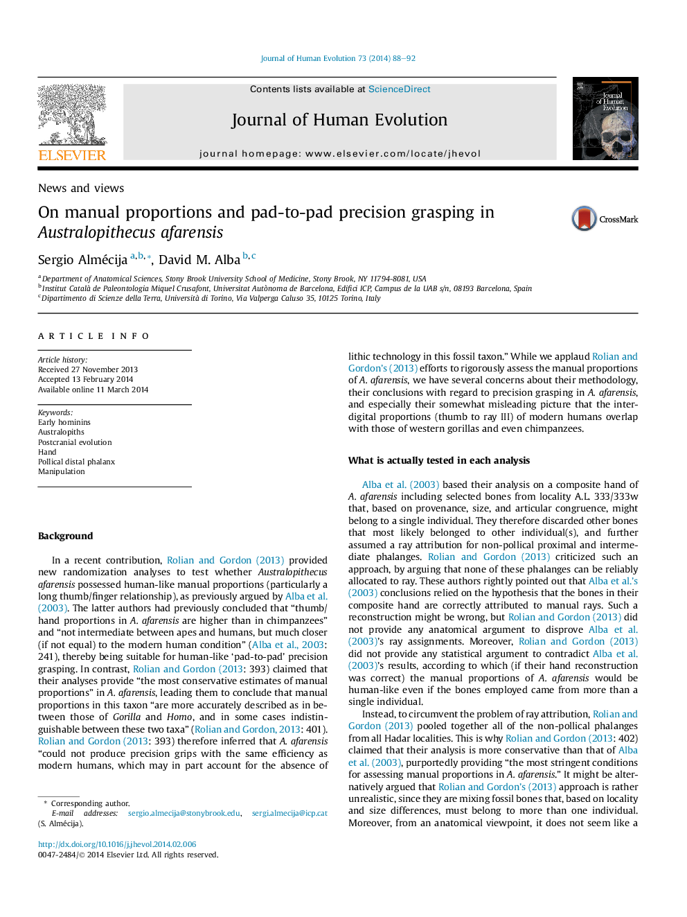 On manual proportions and pad-to-pad precision grasping in Australopithecus afarensis