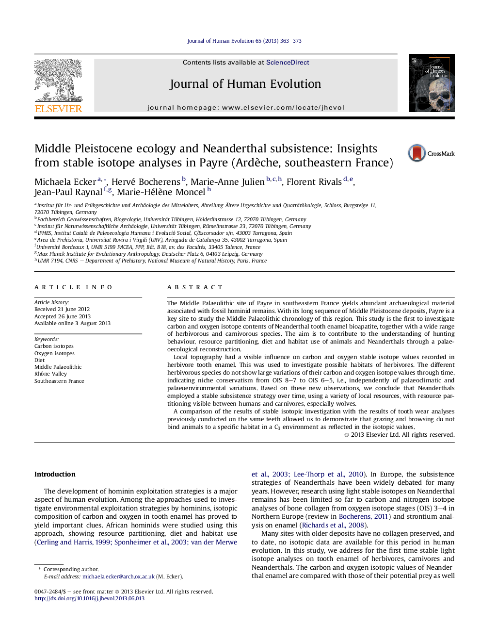 Middle Pleistocene ecology and Neanderthal subsistence: Insights from stable isotope analyses in Payre (Ardèche, southeastern France)