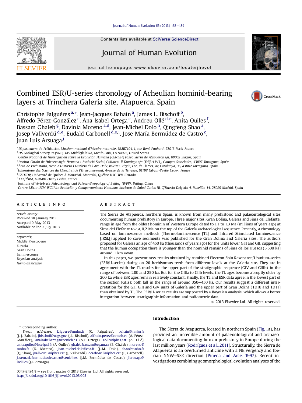 Combined ESR/U-series chronology of Acheulian hominid-bearing layers at Trinchera Galería site, Atapuerca, Spain
