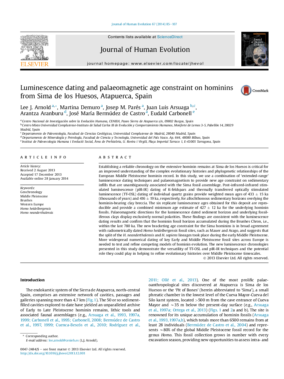 Luminescence dating and palaeomagnetic age constraint on hominins from Sima de los Huesos, Atapuerca, Spain