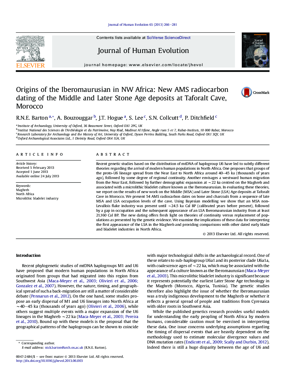 Origins of the Iberomaurusian in NW Africa: New AMS radiocarbon dating of the Middle and Later Stone Age deposits at Taforalt Cave, Morocco