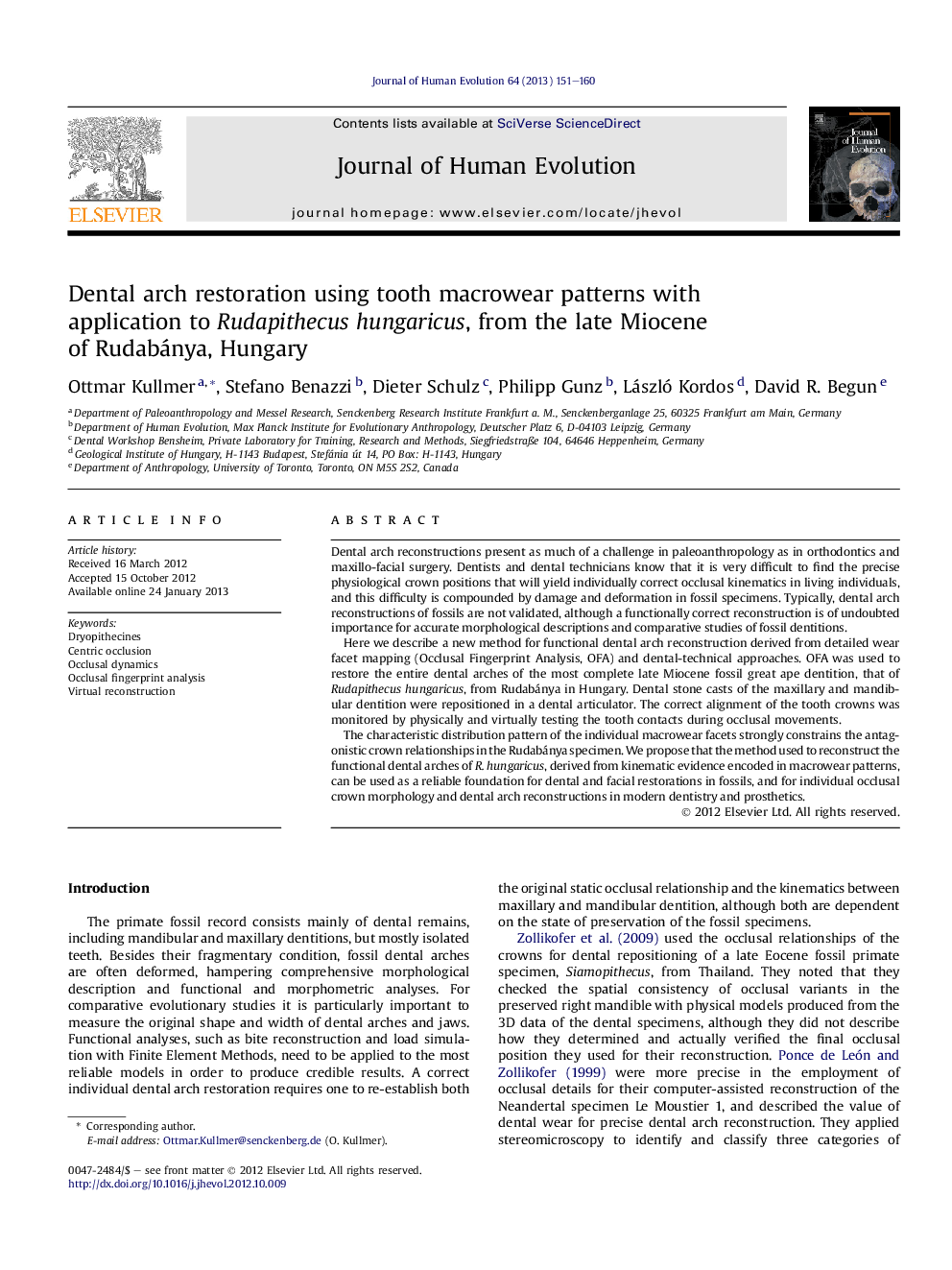 Dental arch restoration using tooth macrowear patterns with application to Rudapithecus hungaricus, from the late Miocene of Rudabánya, Hungary