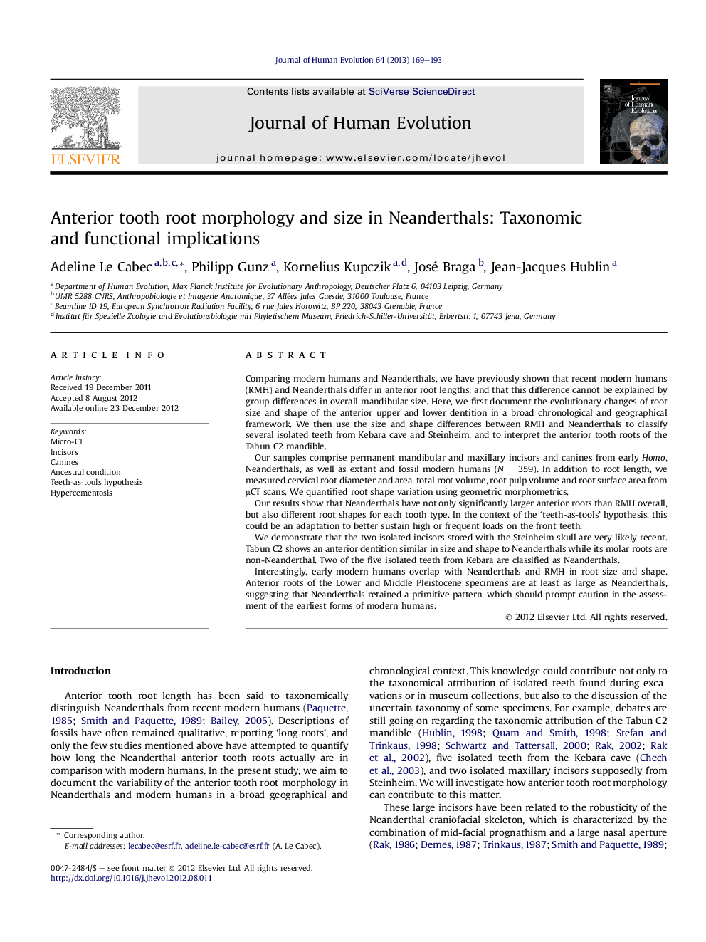 Anterior tooth root morphology and size in Neanderthals: Taxonomic and functional implications