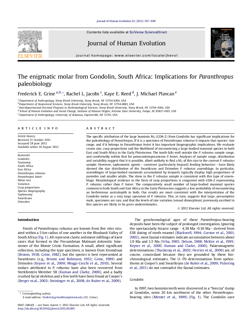 The enigmatic molar from Gondolin, South Africa: Implications for Paranthropus paleobiology