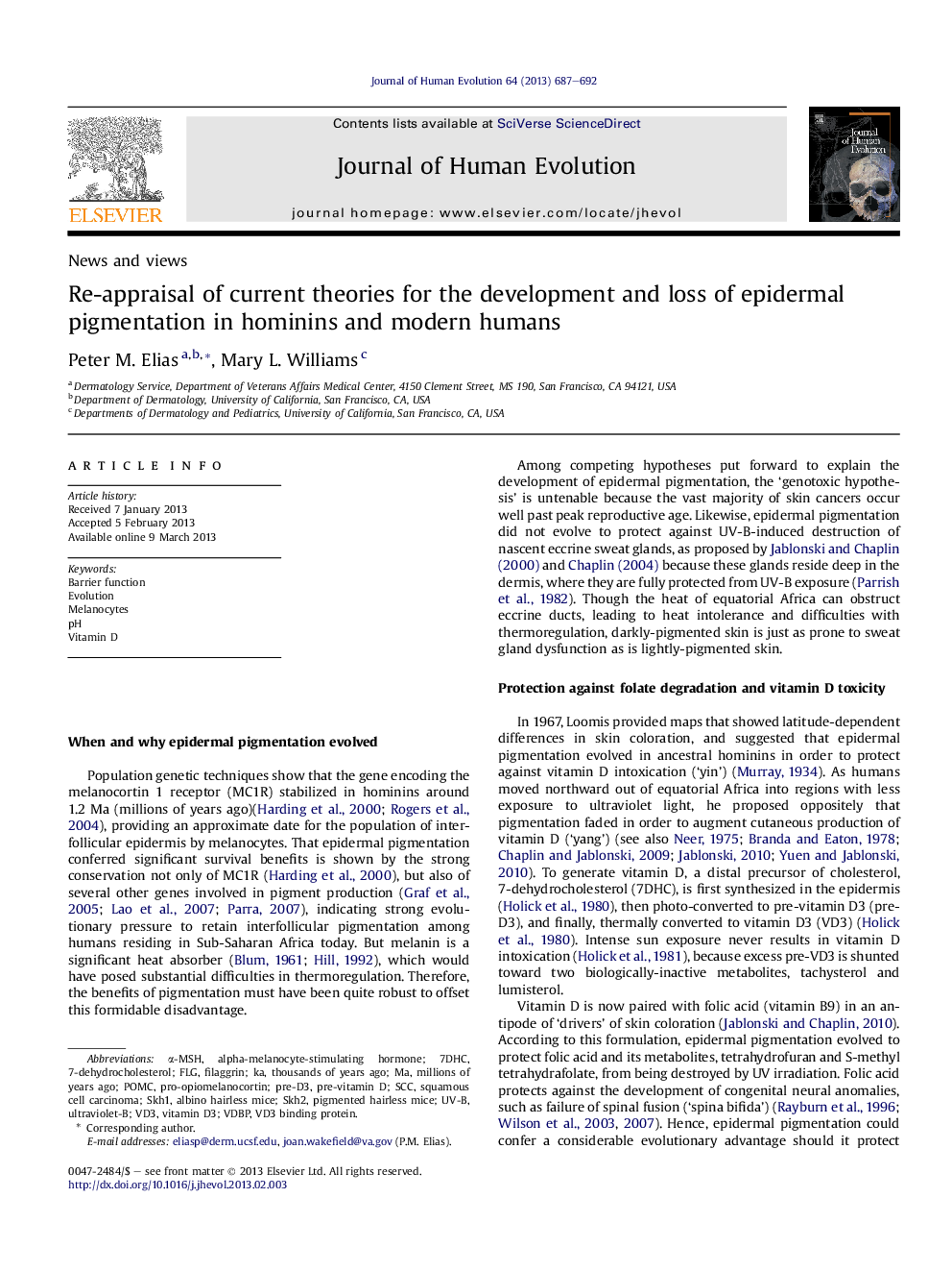 Re-appraisal of current theories for the development and loss of epidermal pigmentation in hominins and modern humans