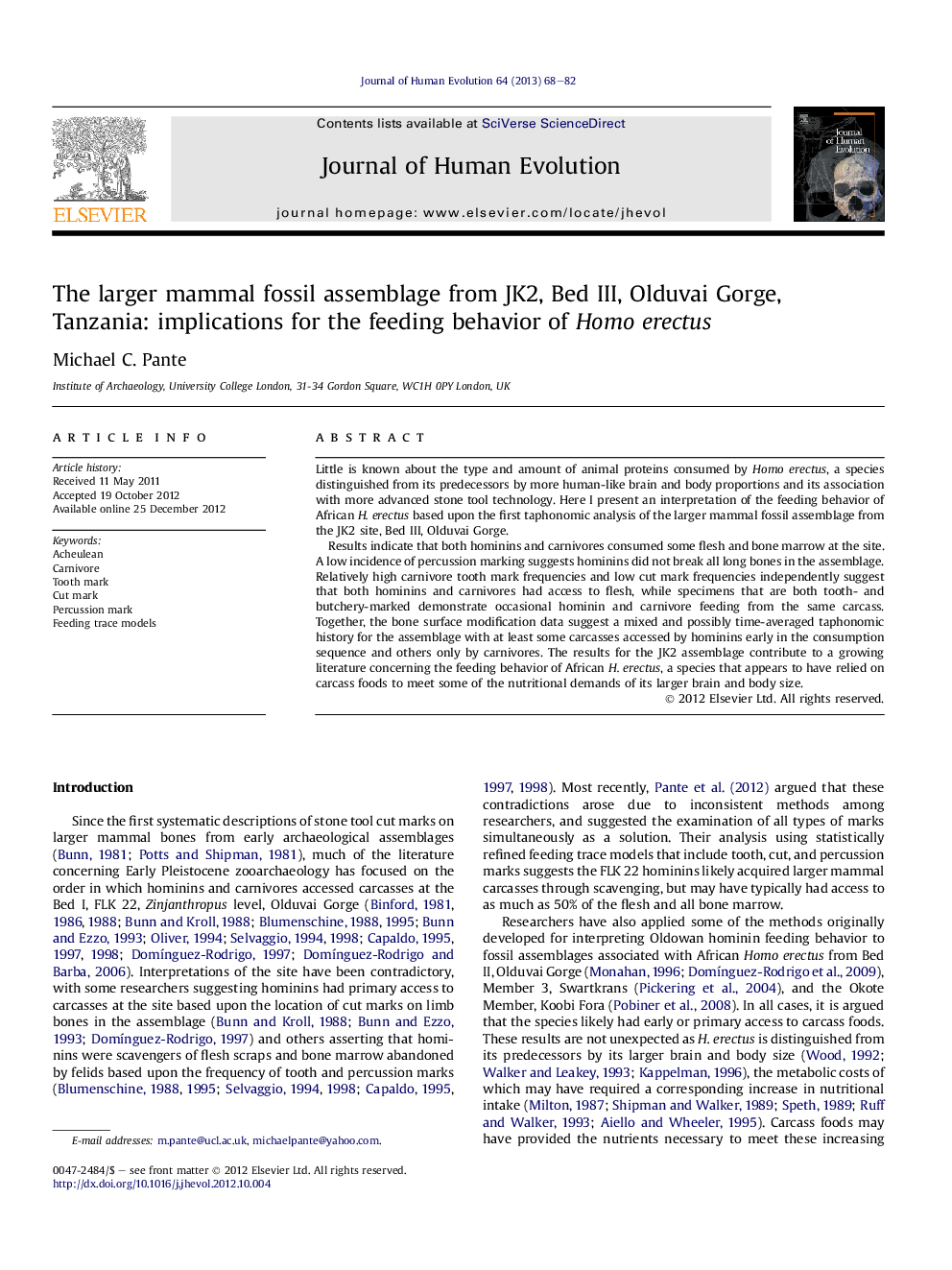 The larger mammal fossil assemblage from JK2, Bed III, Olduvai Gorge, Tanzania: implications for the feeding behavior of Homo erectus