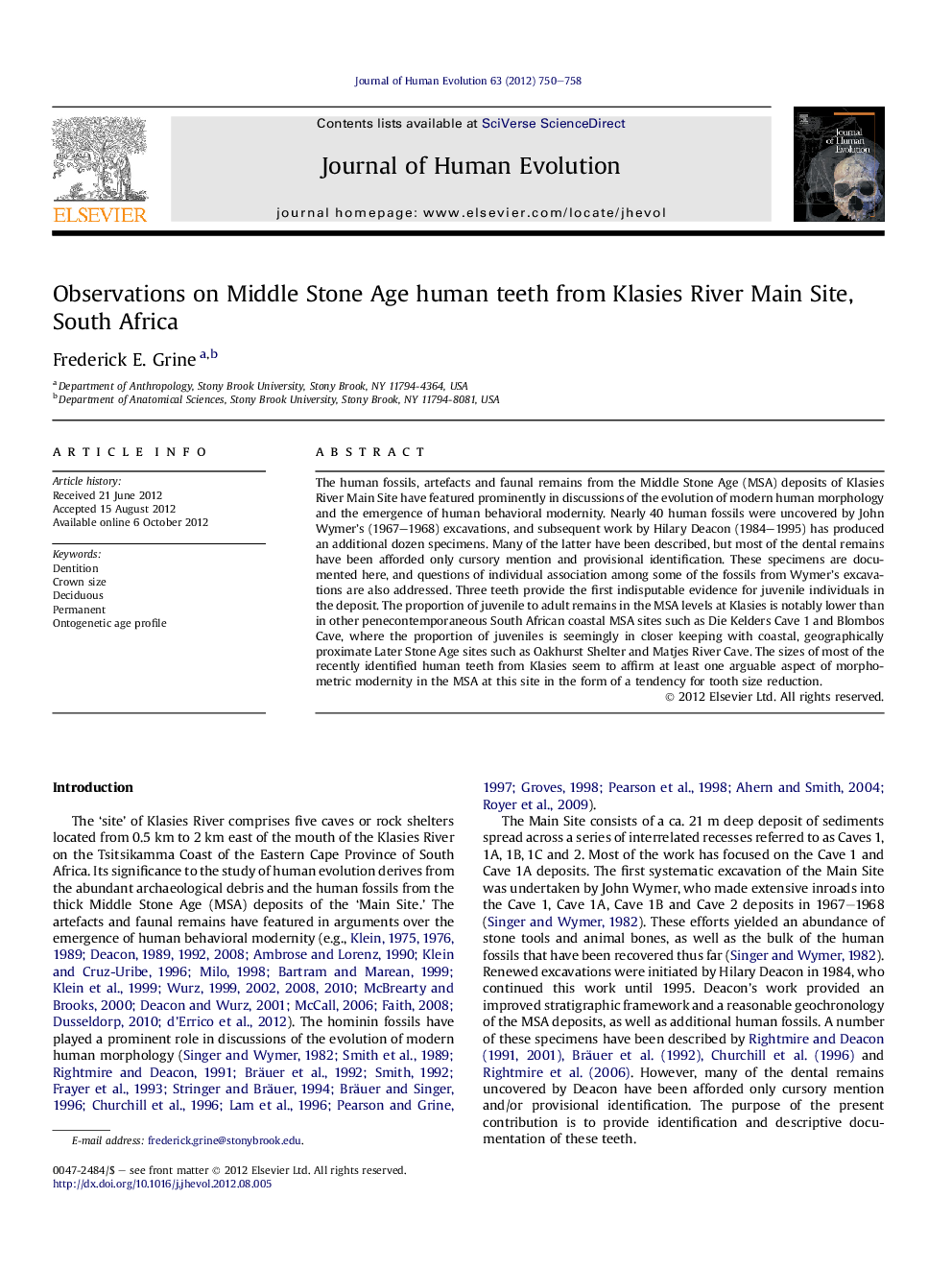 Observations on Middle Stone Age human teeth from Klasies River Main Site, South Africa