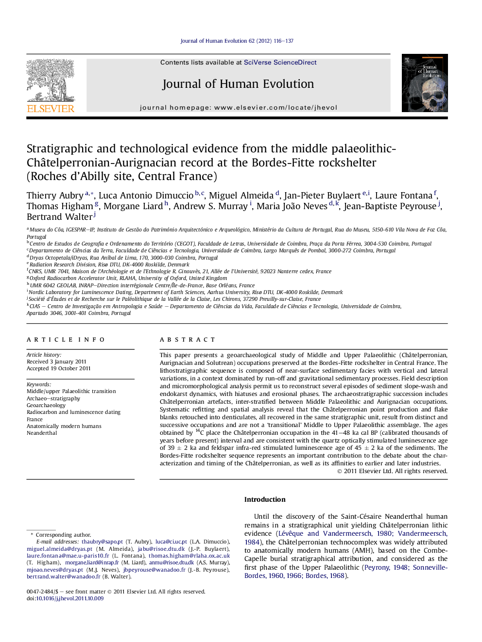 Stratigraphic and technological evidence from the middle palaeolithic-Châtelperronian-Aurignacian record at the Bordes-Fitte rockshelter (Roches d’Abilly site, Central France)