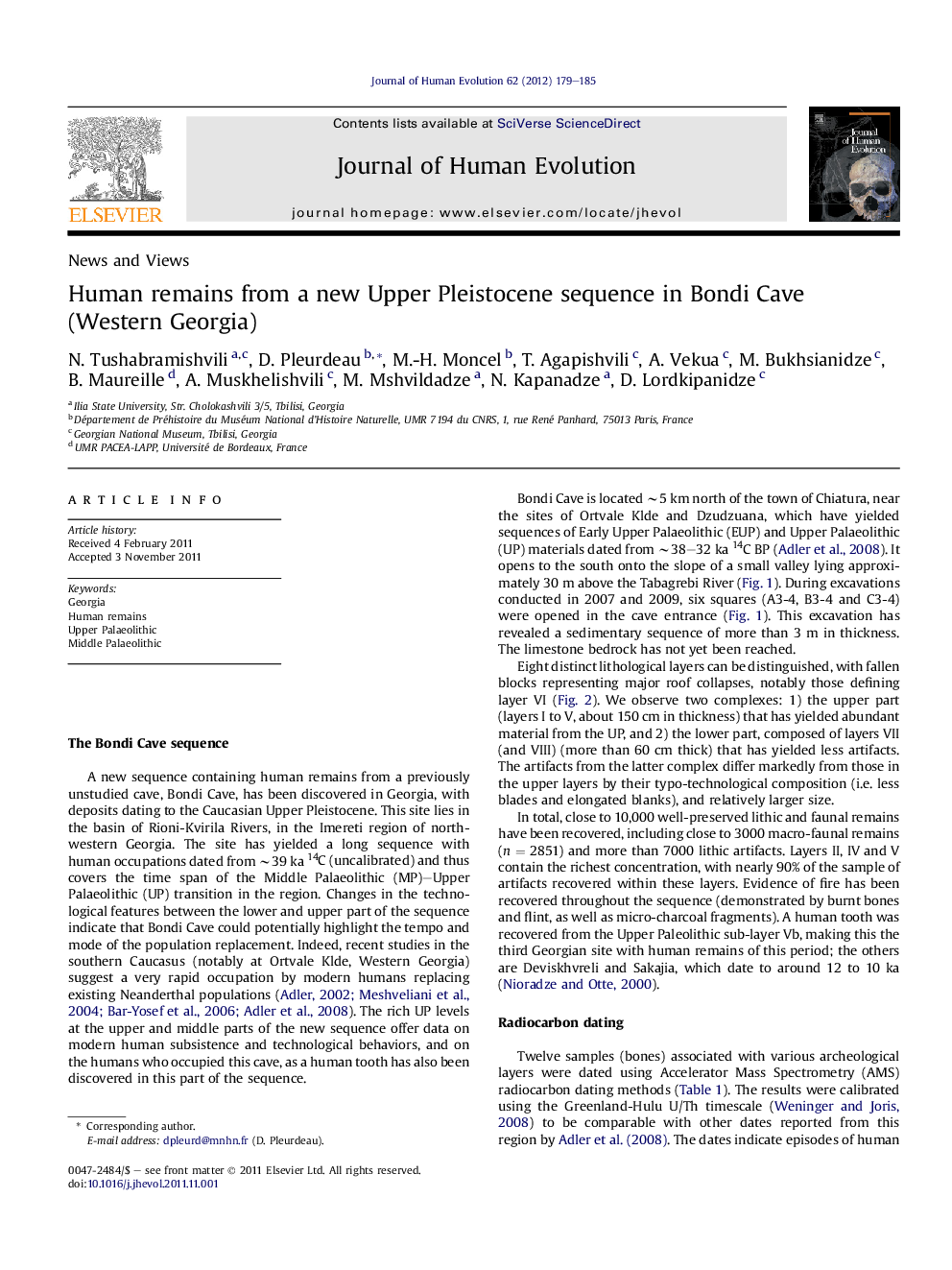 Human remains from a new Upper Pleistocene sequence in Bondi Cave (Western Georgia)