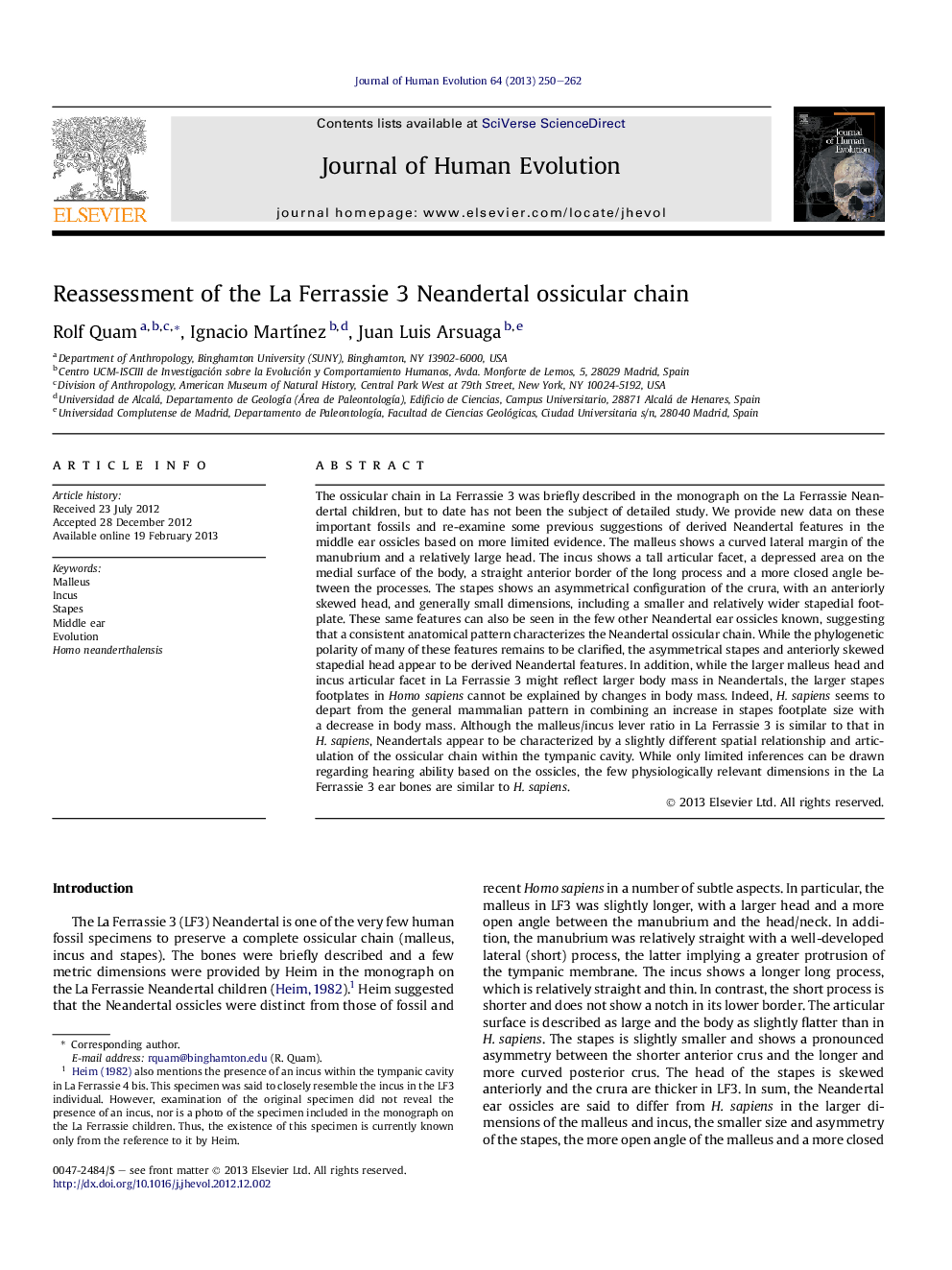 Reassessment of the La Ferrassie 3 Neandertal ossicular chain