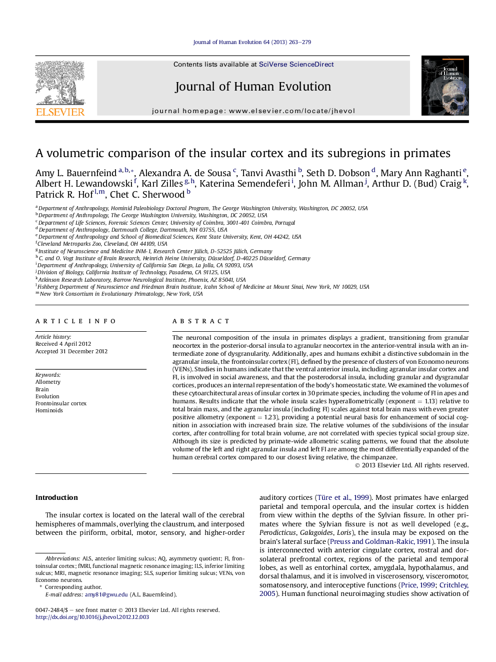 A volumetric comparison of the insular cortex and its subregions in primates