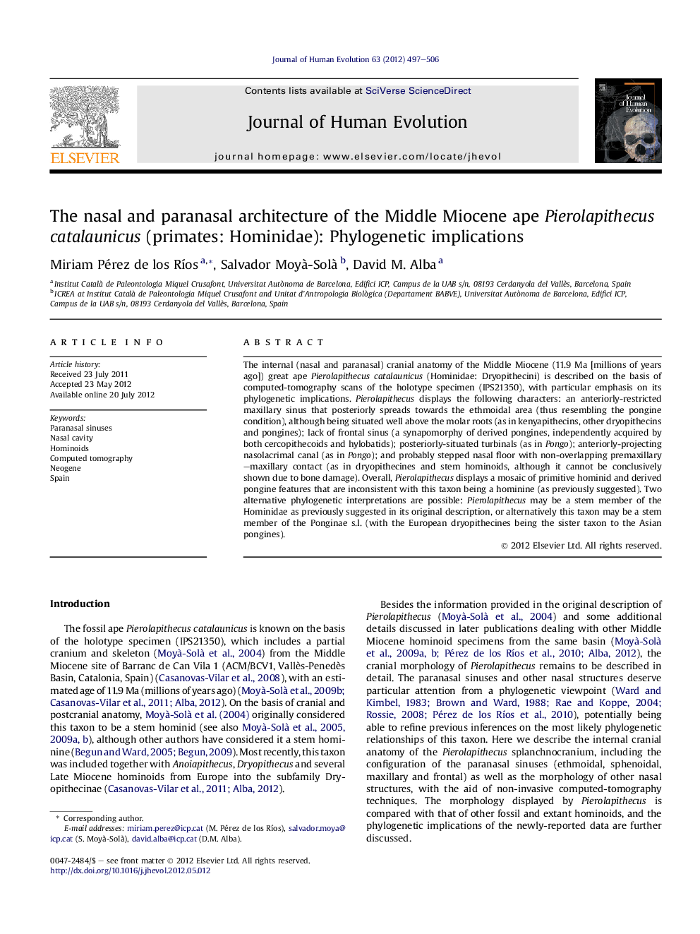 The nasal and paranasal architecture of the Middle Miocene ape Pierolapithecus catalaunicus (primates: Hominidae): Phylogenetic implications