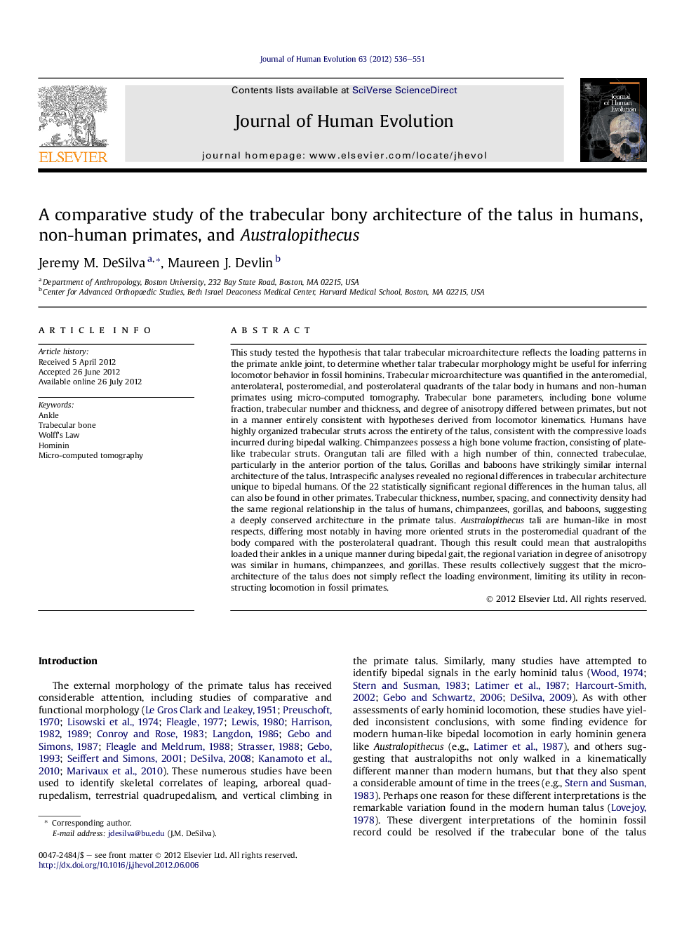 A comparative study of the trabecular bony architecture of the talus in humans, non-human primates, and Australopithecus