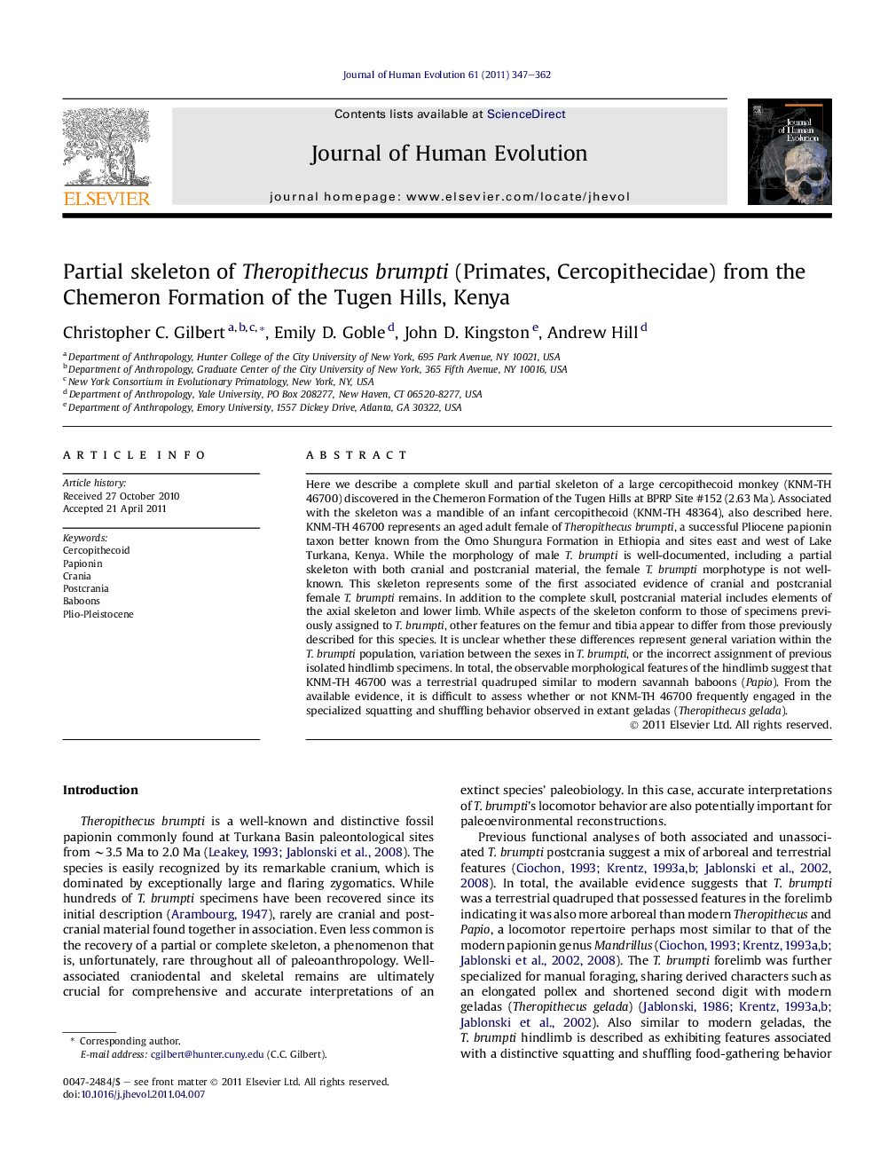 Partial skeleton of Theropithecus brumpti (Primates, Cercopithecidae) from the Chemeron Formation of the Tugen Hills, Kenya