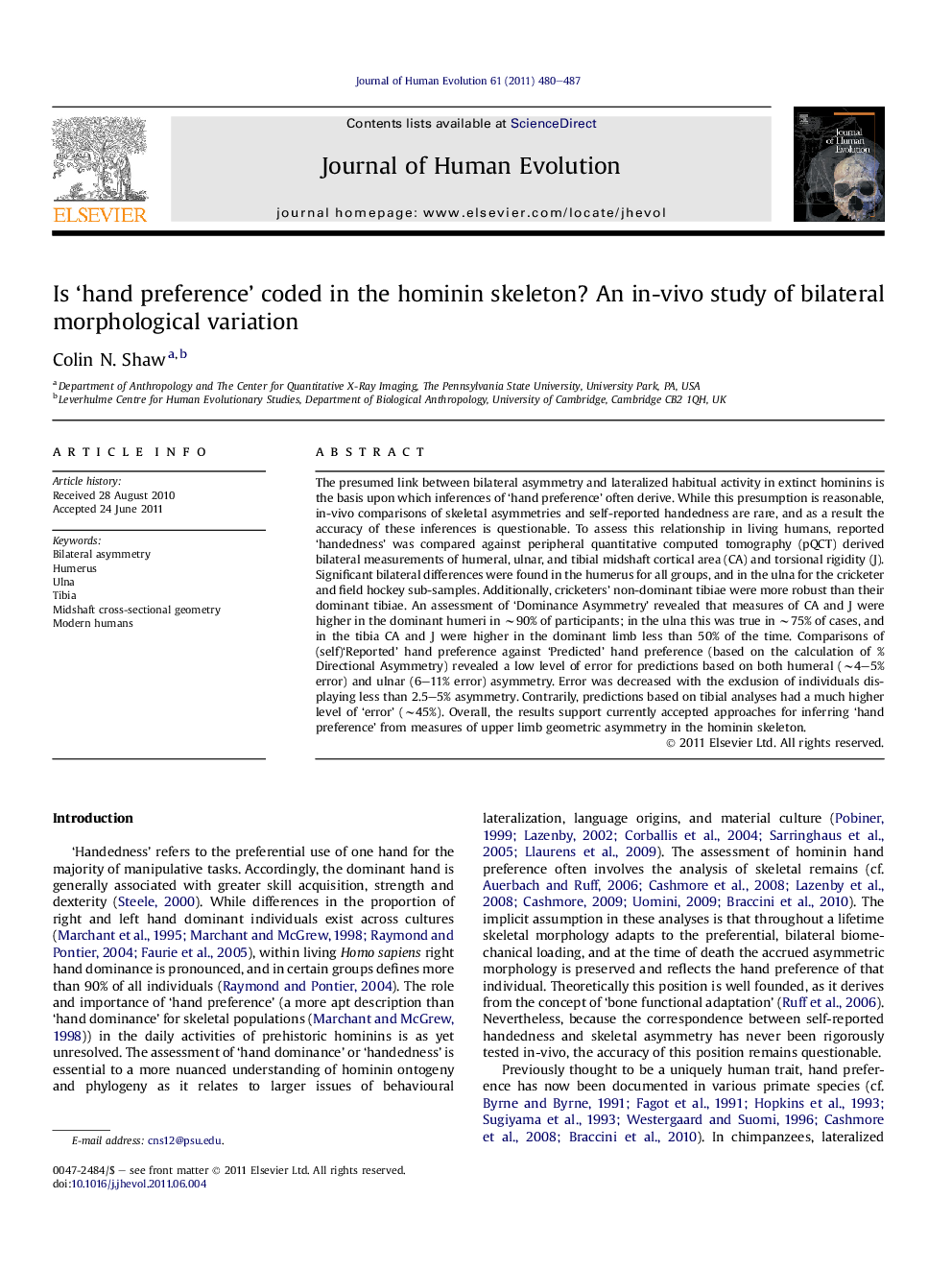 Is ‘hand preference’ coded in the hominin skeleton? An in-vivo study of bilateral morphological variation