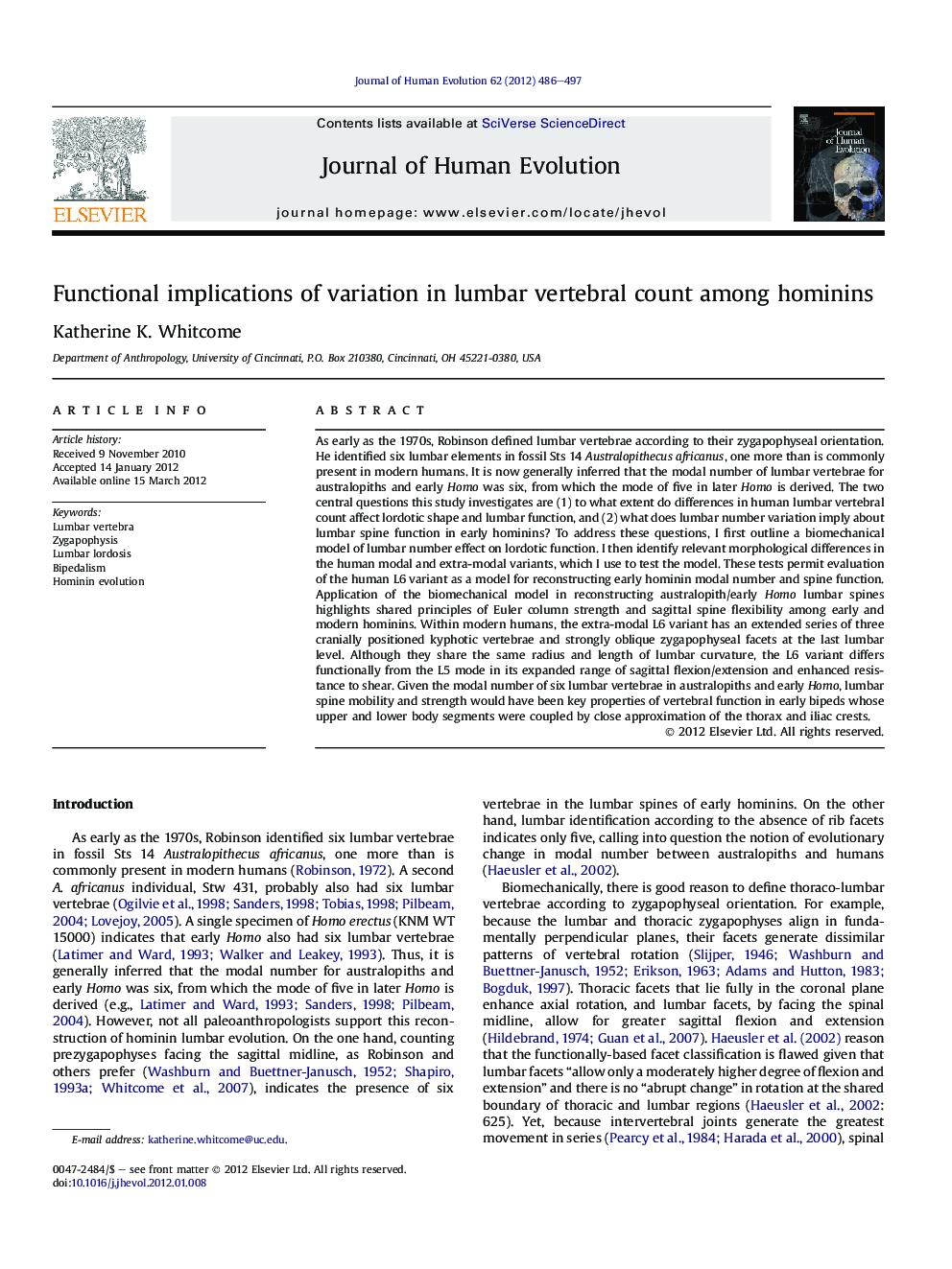 Functional implications of variation in lumbar vertebral count among hominins