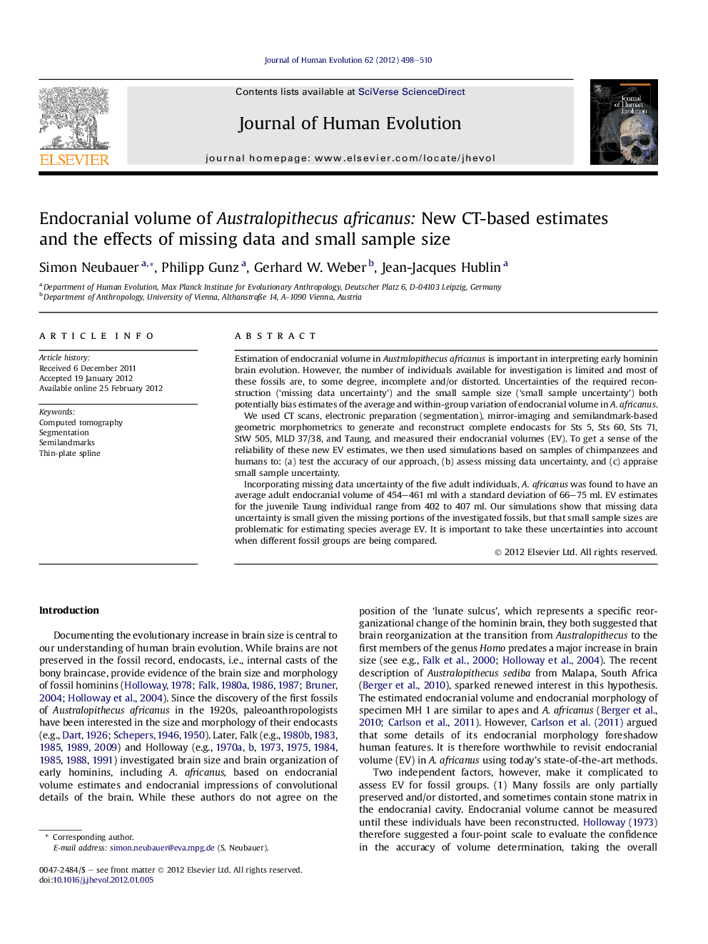 Endocranial volume of Australopithecus africanus: New CT-based estimates and the effects of missing data and small sample size