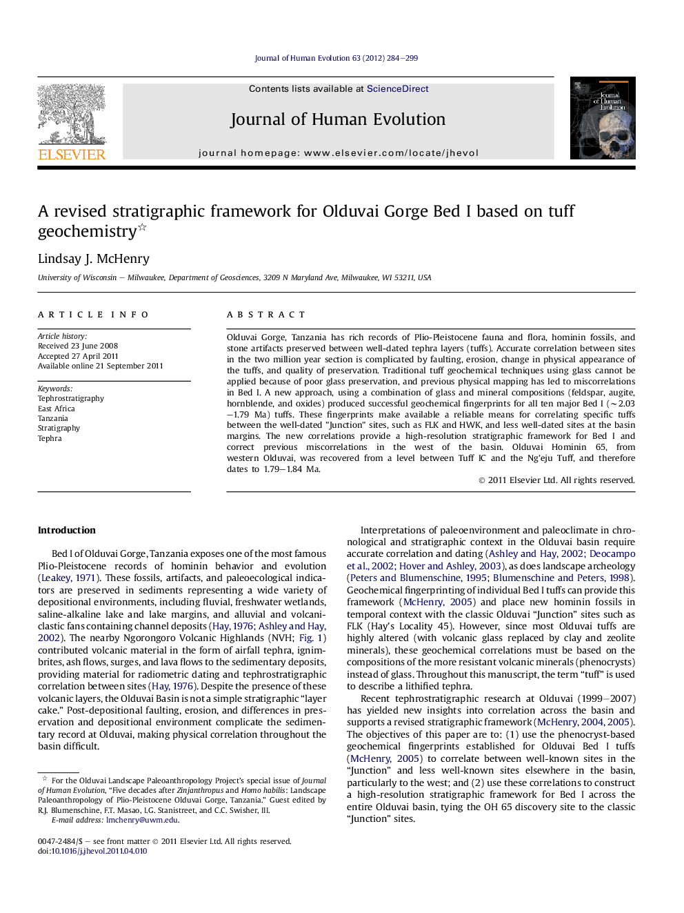 A revised stratigraphic framework for Olduvai Gorge Bed I based on tuff geochemistry 