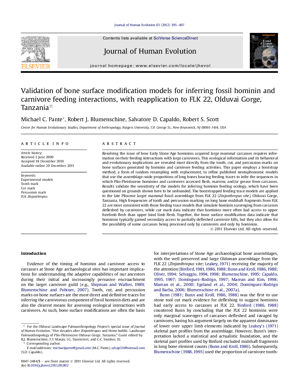 Validation of bone surface modification models for inferring fossil hominin and carnivore feeding interactions, with reapplication to FLK 22, Olduvai Gorge, Tanzania 