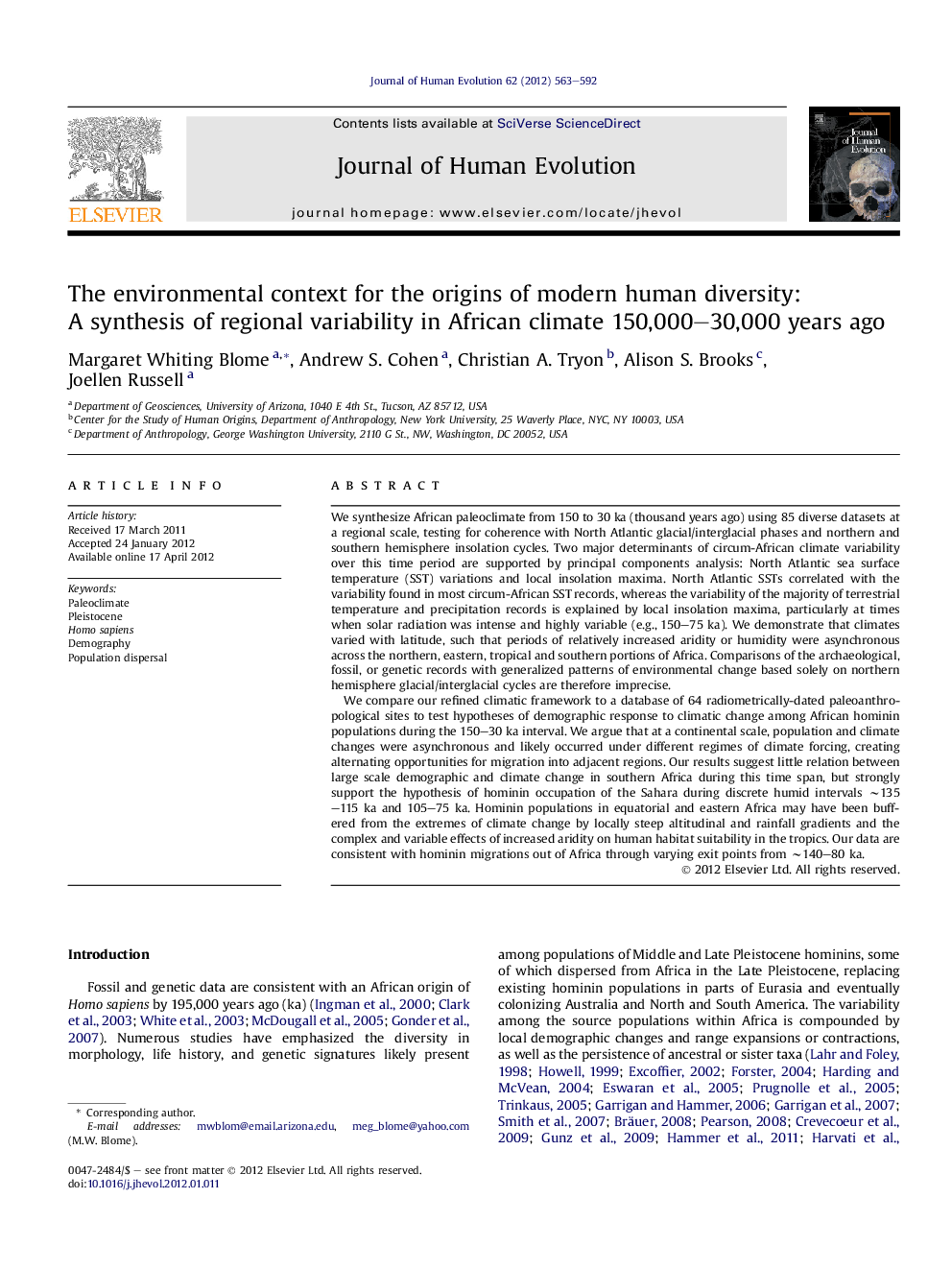 The environmental context for the origins of modern human diversity: A synthesis of regional variability in African climate 150,000–30,000 years ago