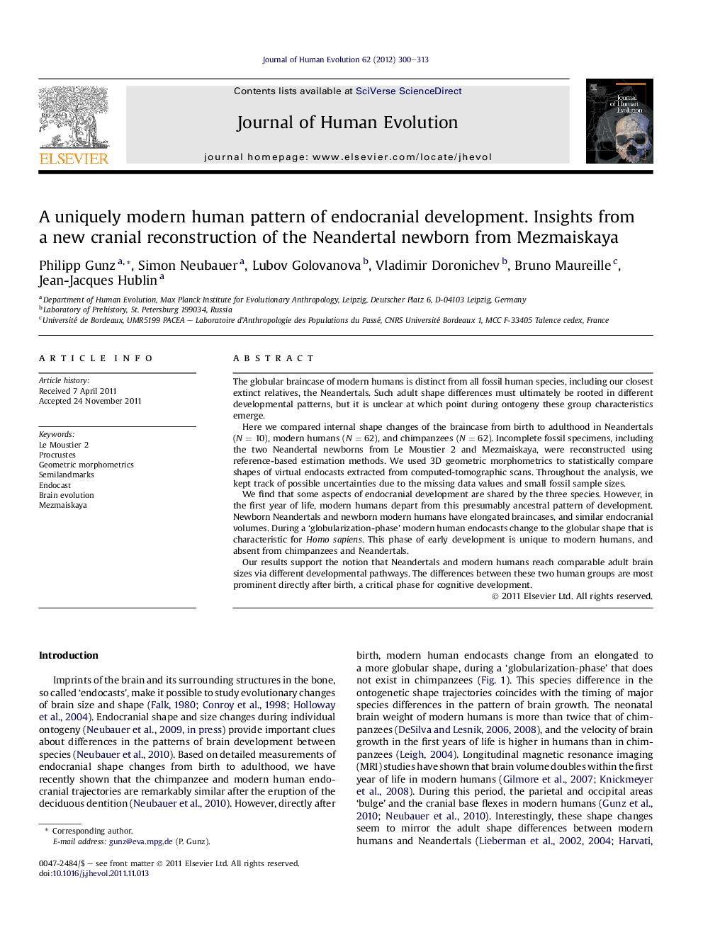 A uniquely modern human pattern of endocranial development. Insights from a new cranial reconstruction of the Neandertal newborn from Mezmaiskaya