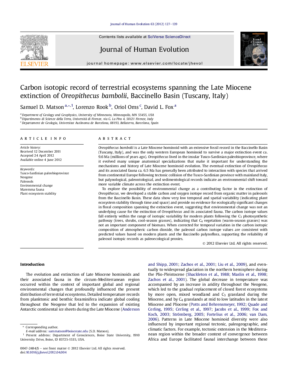 Carbon isotopic record of terrestrial ecosystems spanning the Late Miocene extinction of Oreopithecus bambolii, Baccinello Basin (Tuscany, Italy)