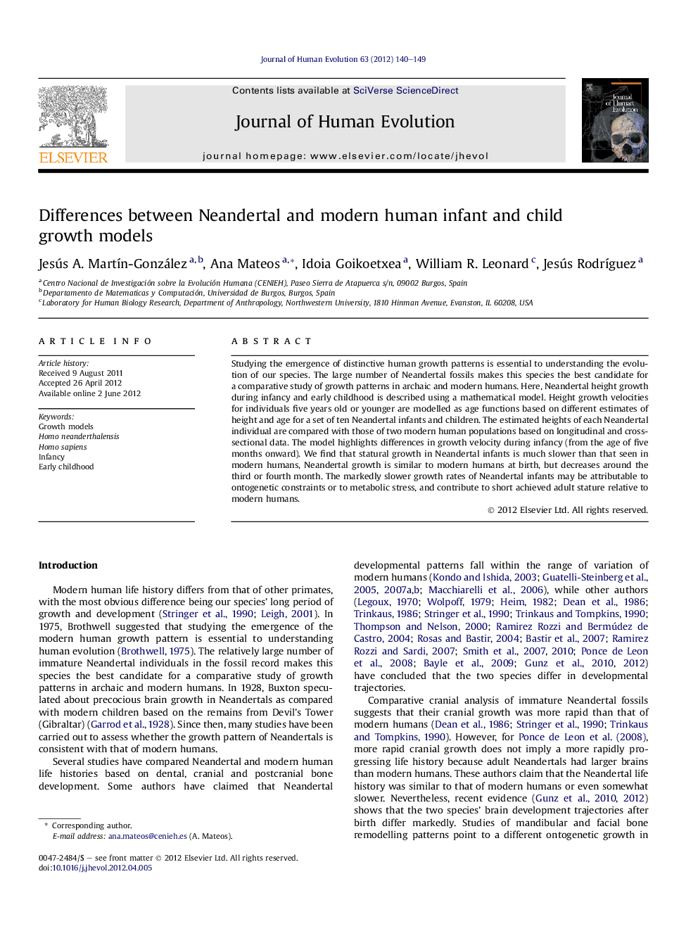 Differences between Neandertal and modern human infant and child growth models