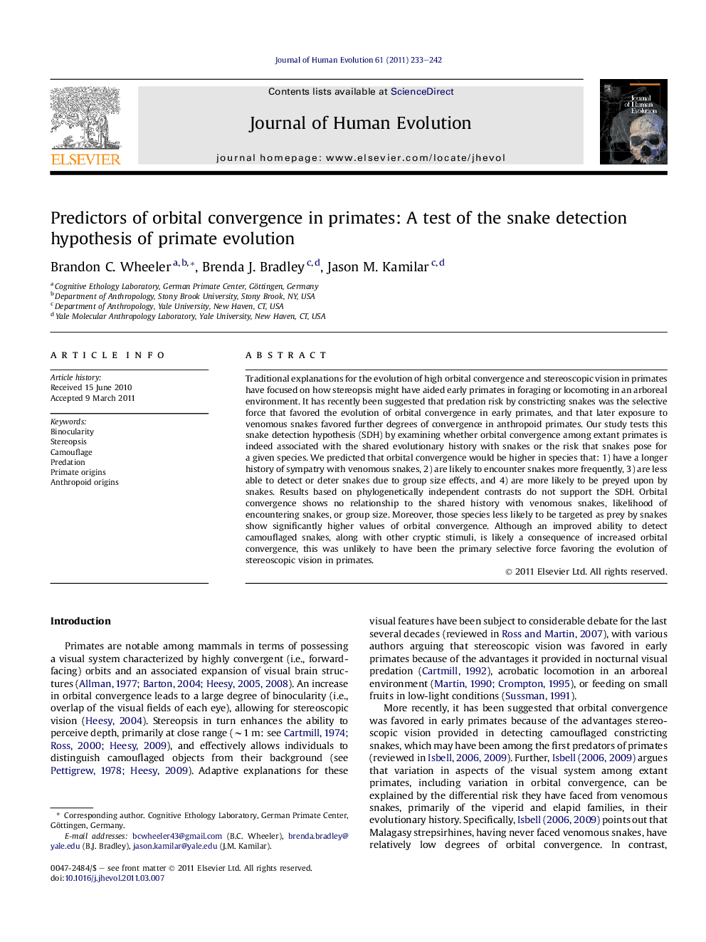 Predictors of orbital convergence in primates: A test of the snake detection hypothesis of primate evolution