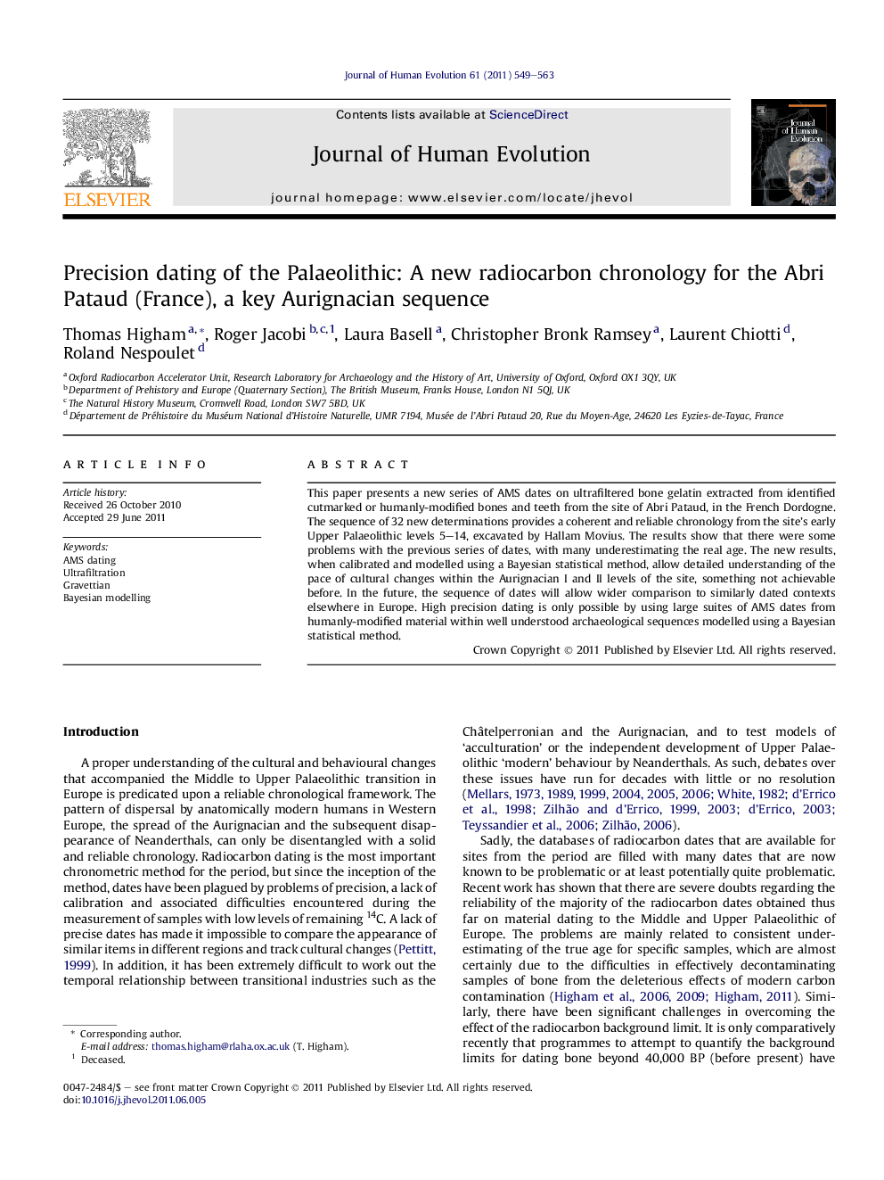 Precision dating of the Palaeolithic: A new radiocarbon chronology for the Abri Pataud (France), a key Aurignacian sequence