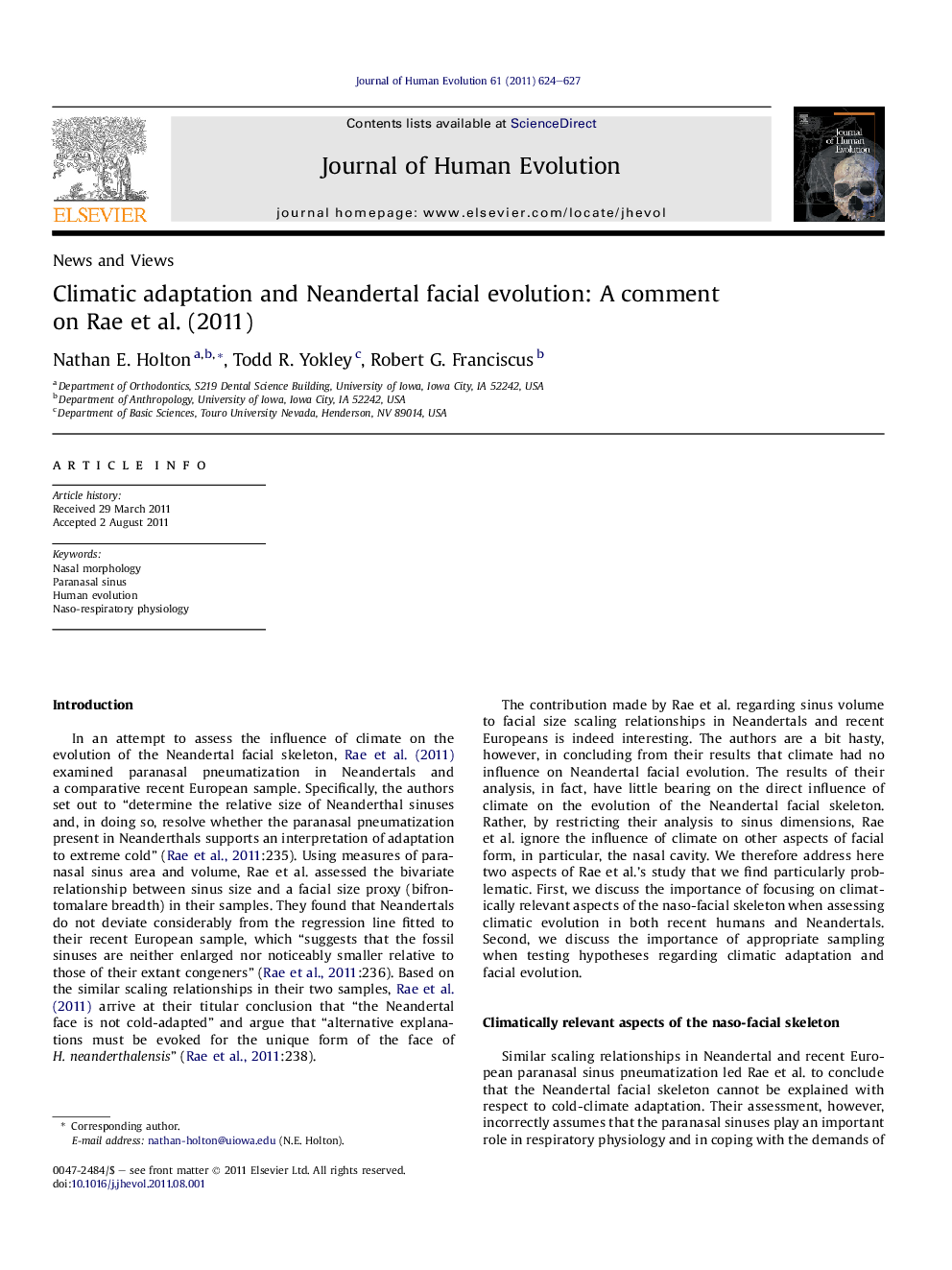 Climatic adaptation and Neandertal facial evolution: A comment on Rae etÂ al. (2011)