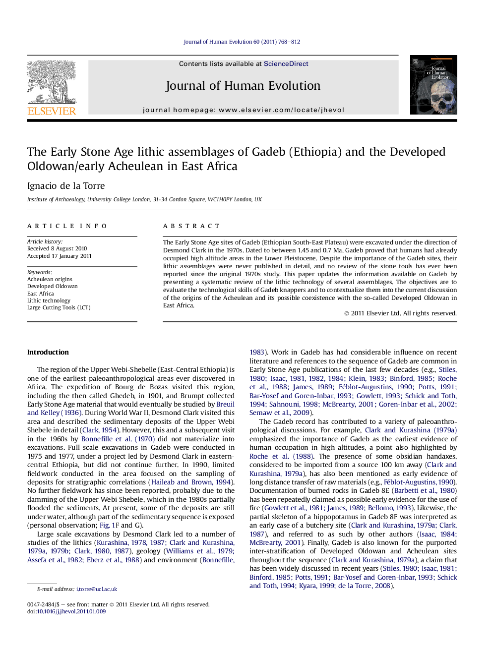 The Early Stone Age lithic assemblages of Gadeb (Ethiopia) and the Developed Oldowan/early Acheulean in East Africa