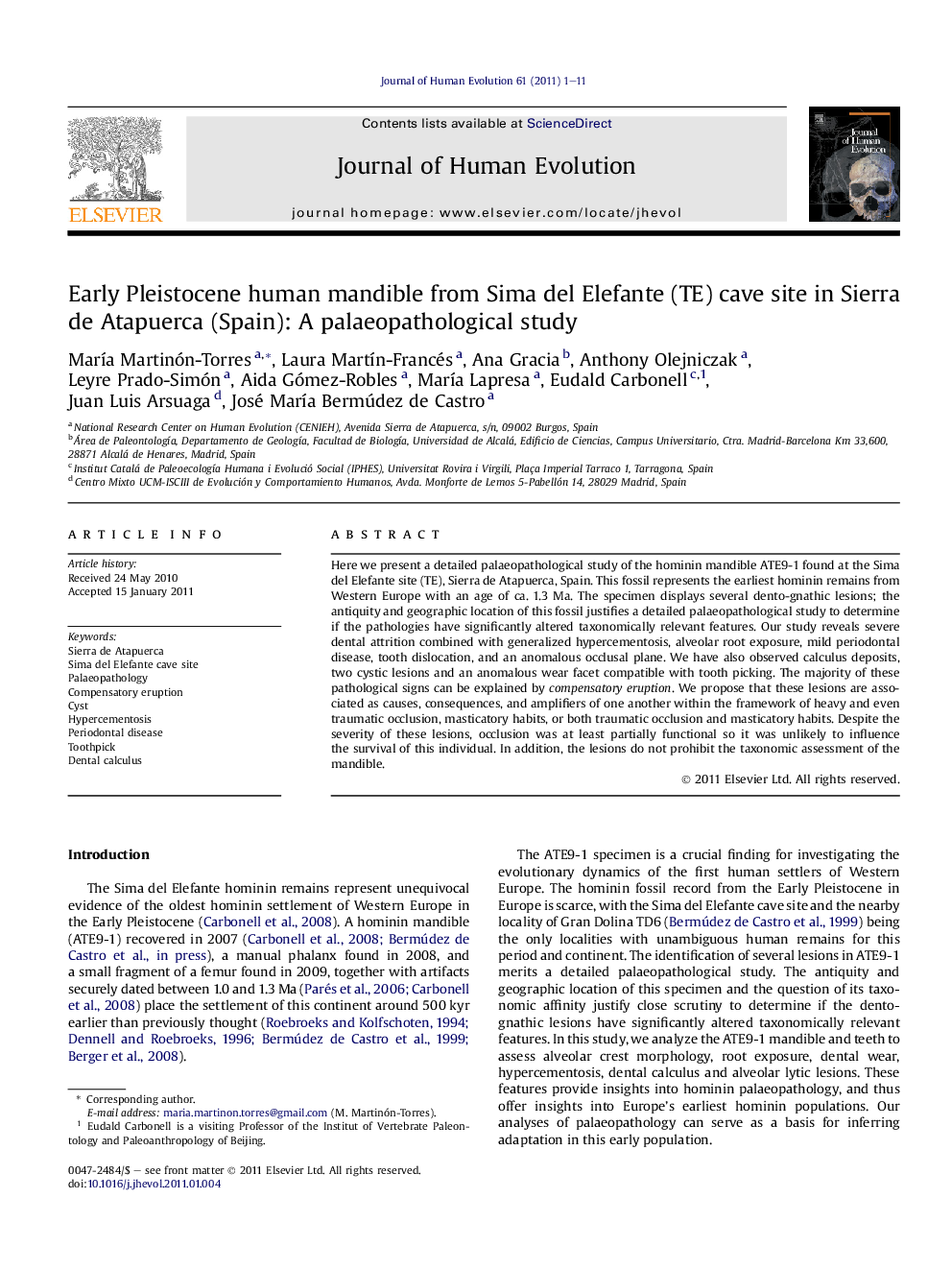 Early Pleistocene human mandible from Sima del Elefante (TE) cave site in Sierra de Atapuerca (Spain): A palaeopathological study