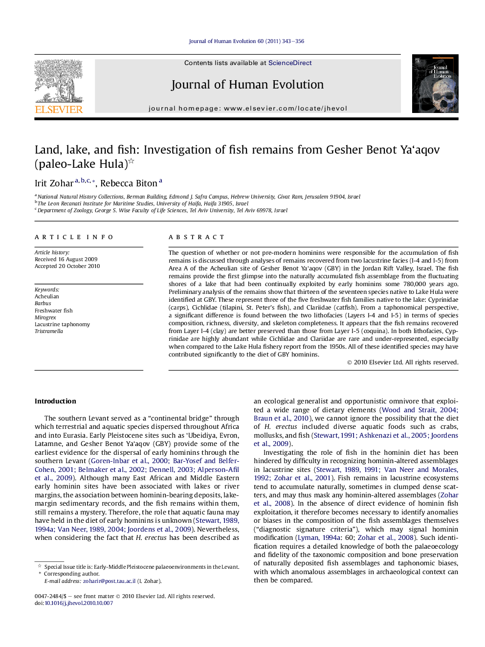 Land, lake, and fish: Investigation of fish remains from Gesher Benot Ya‘aqov (paleo-Lake Hula) 