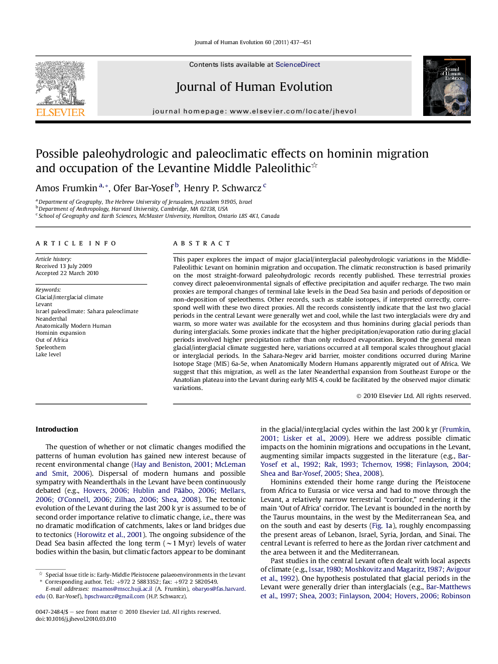 Possible paleohydrologic and paleoclimatic effects on hominin migration and occupation of the Levantine Middle Paleolithic 