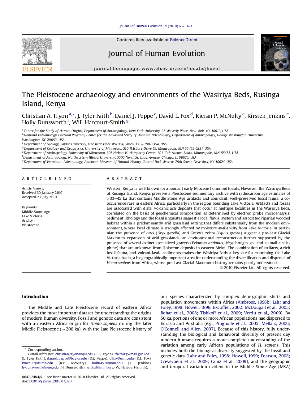 The Pleistocene archaeology and environments of the Wasiriya Beds, Rusinga Island, Kenya