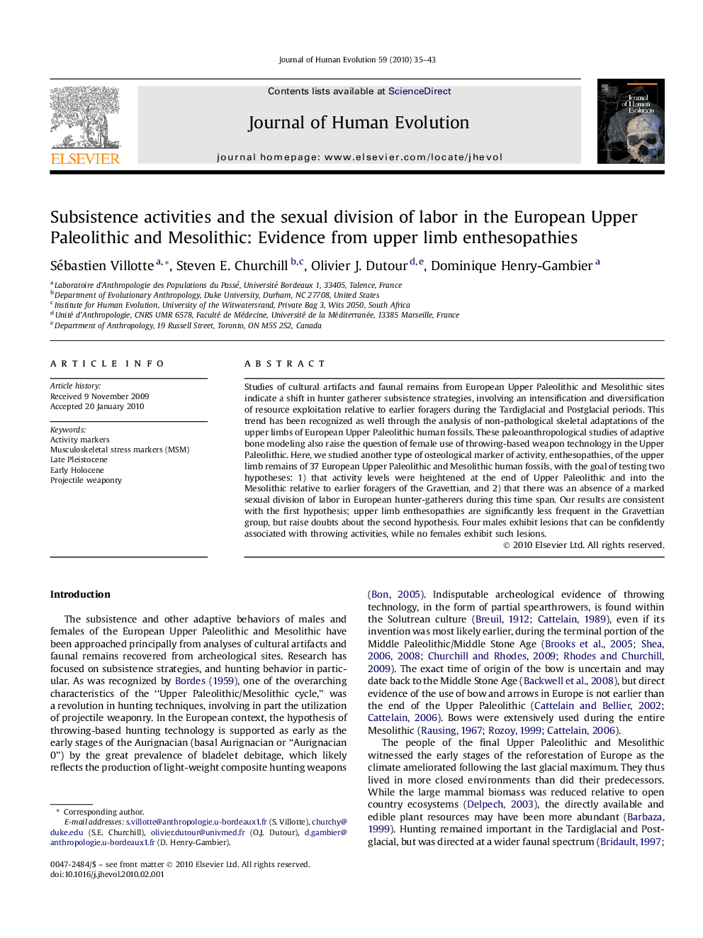 Subsistence activities and the sexual division of labor in the European Upper Paleolithic and Mesolithic: Evidence from upper limb enthesopathies