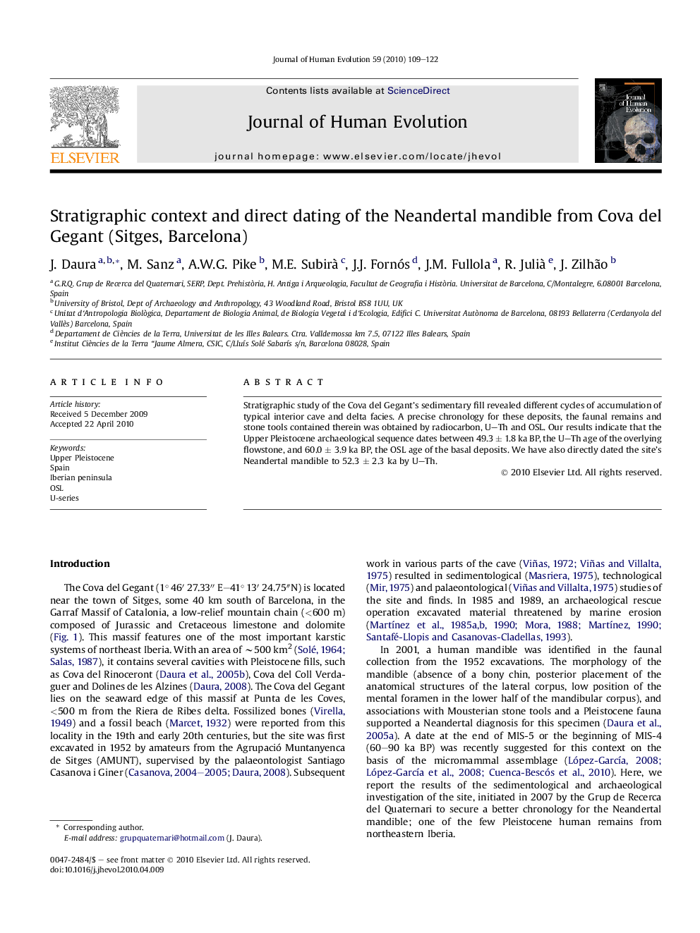 Stratigraphic context and direct dating of the Neandertal mandible from Cova del Gegant (Sitges, Barcelona)