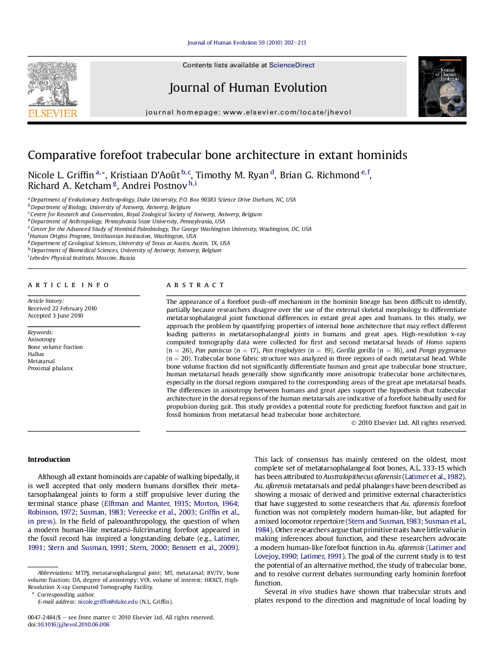 Comparative forefoot trabecular bone architecture in extant hominids