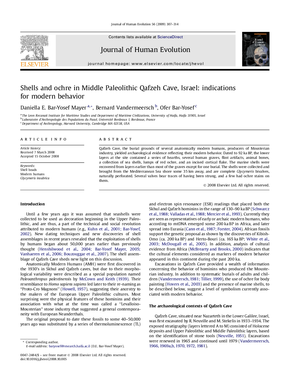 Shells and ochre in Middle Paleolithic Qafzeh Cave, Israel: indications for modern behavior