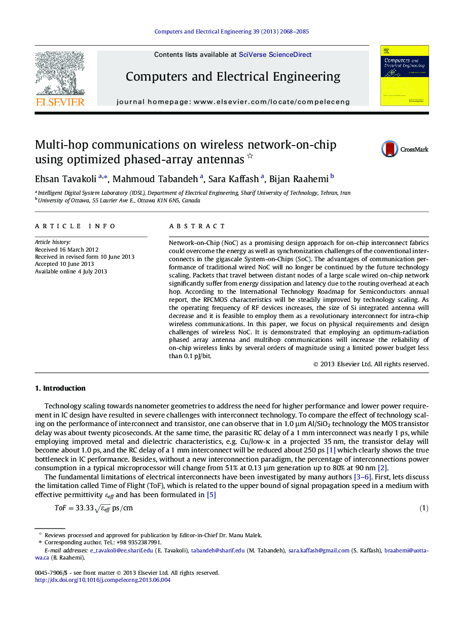 Multi-hop communications on wireless network-on-chip using optimized phased-array antennas 
