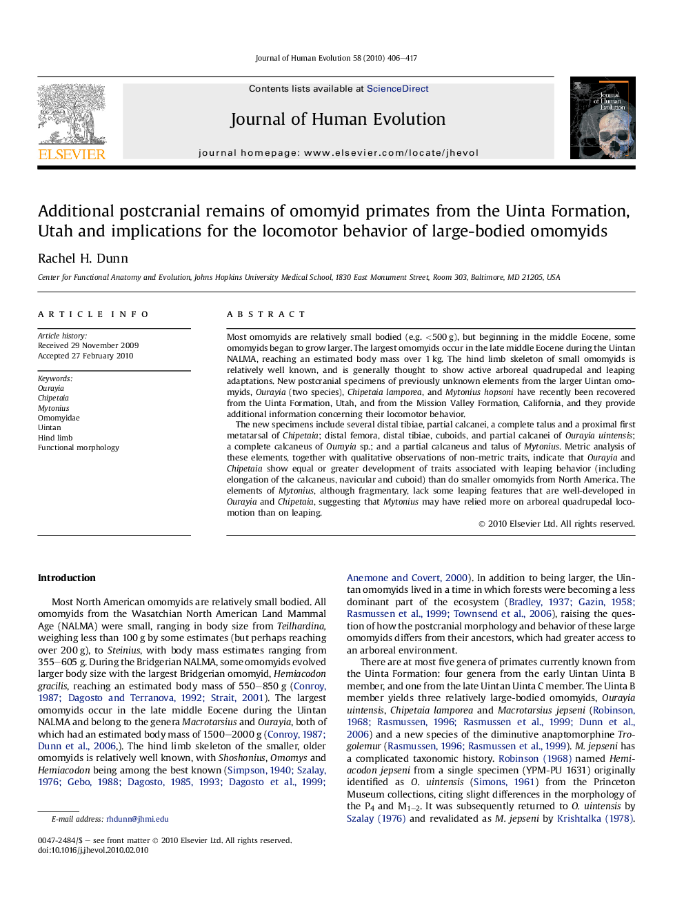 Additional postcranial remains of omomyid primates from the Uinta Formation, Utah and implications for the locomotor behavior of large-bodied omomyids