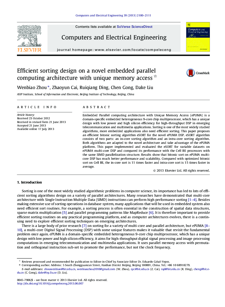 Efficient sorting design on a novel embedded parallel computing architecture with unique memory access 