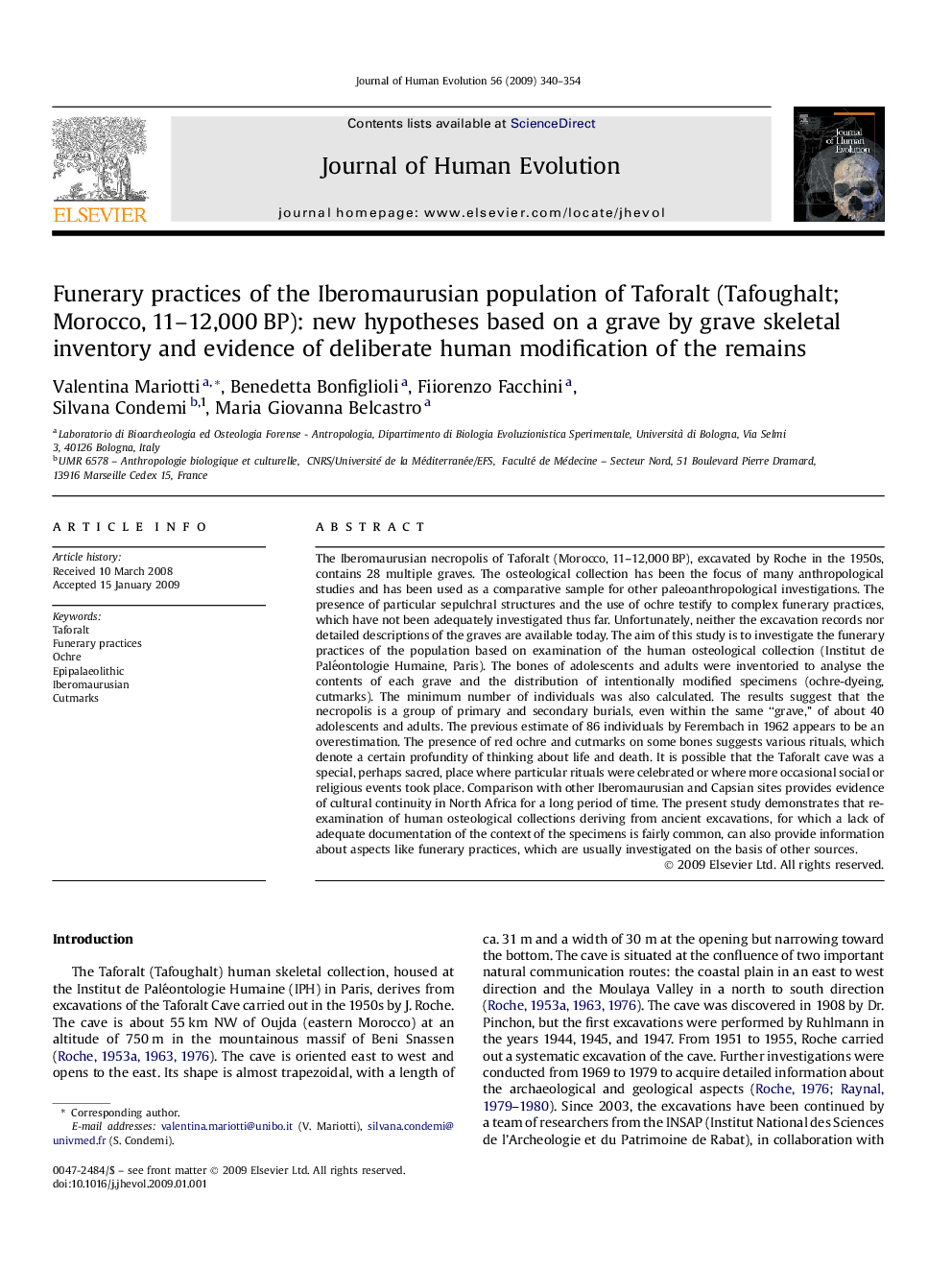 Funerary practices of the Iberomaurusian population of Taforalt (Tafoughalt; Morocco, 11–12,000 BP): new hypotheses based on a grave by grave skeletal inventory and evidence of deliberate human modification of the remains