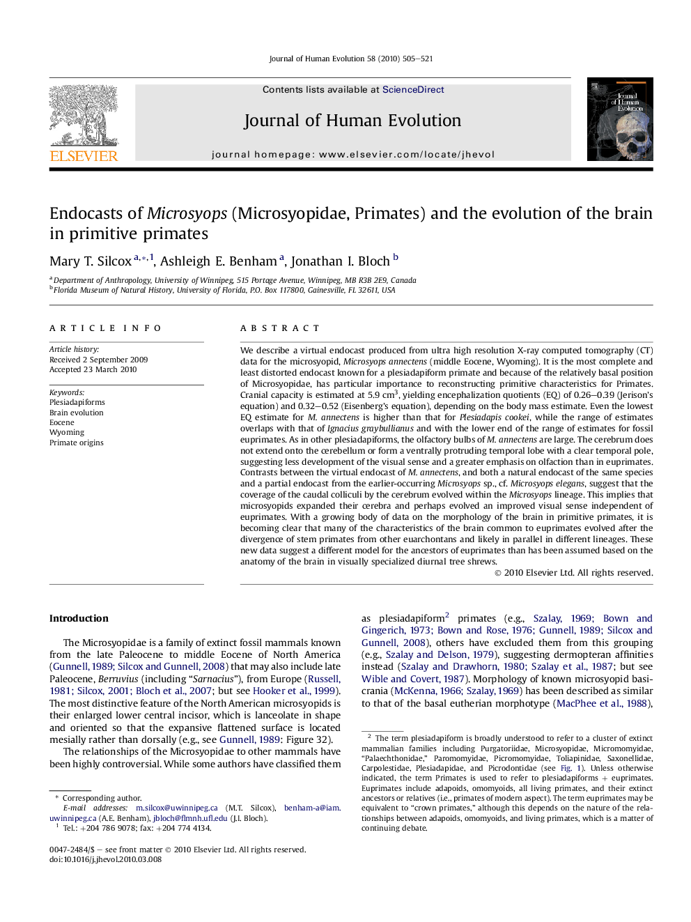 Endocasts of Microsyops (Microsyopidae, Primates) and the evolution of the brain in primitive primates