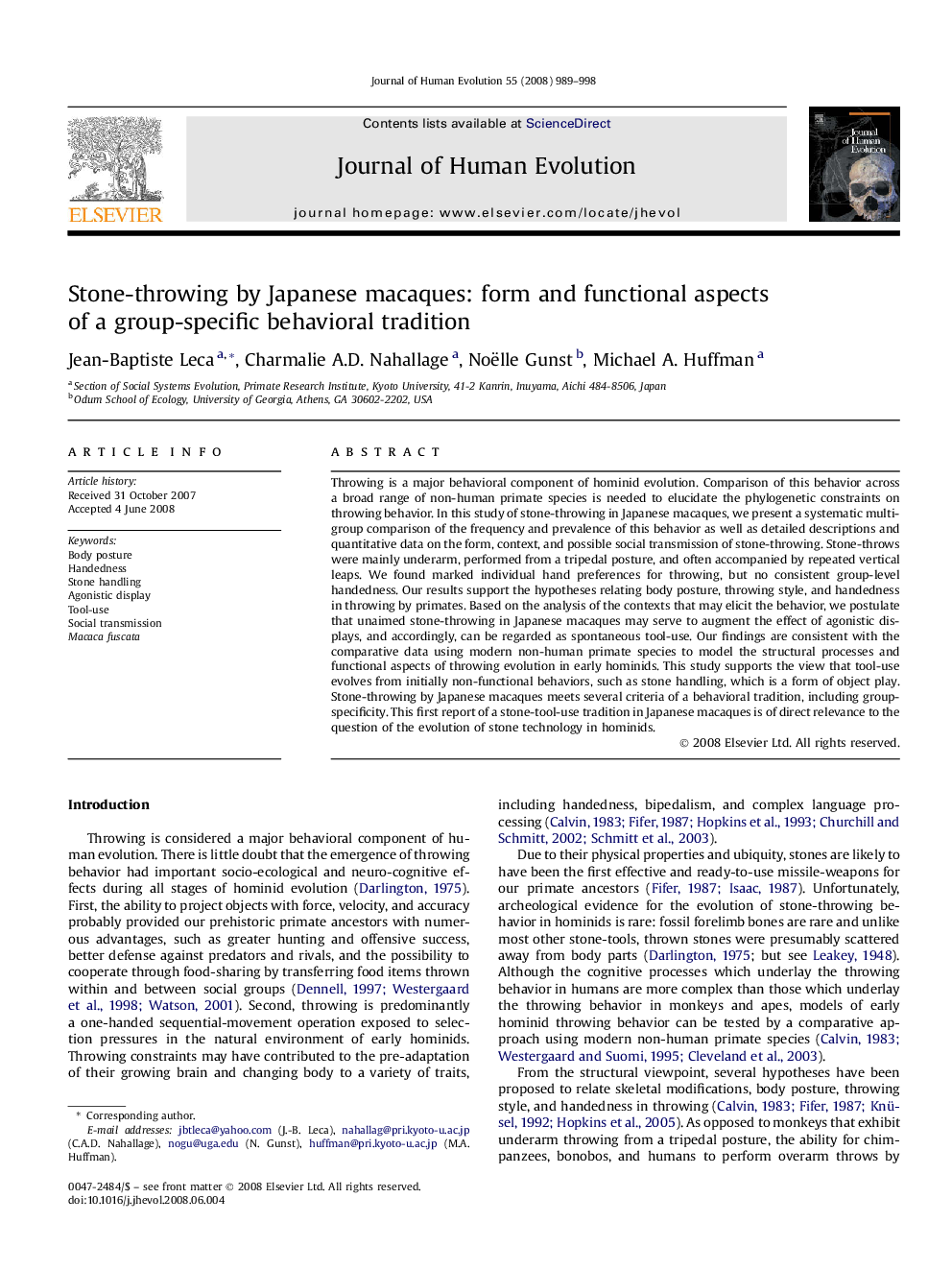 Stone-throwing by Japanese macaques: form and functional aspects of a group-specific behavioral tradition