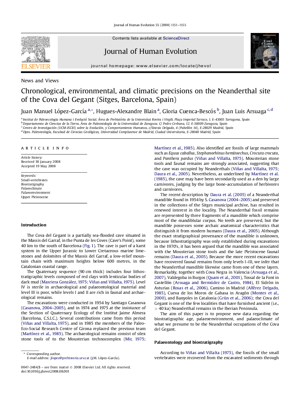 Chronological, environmental, and climatic precisions on the Neanderthal site of the Cova del Gegant (Sitges, Barcelona, Spain)