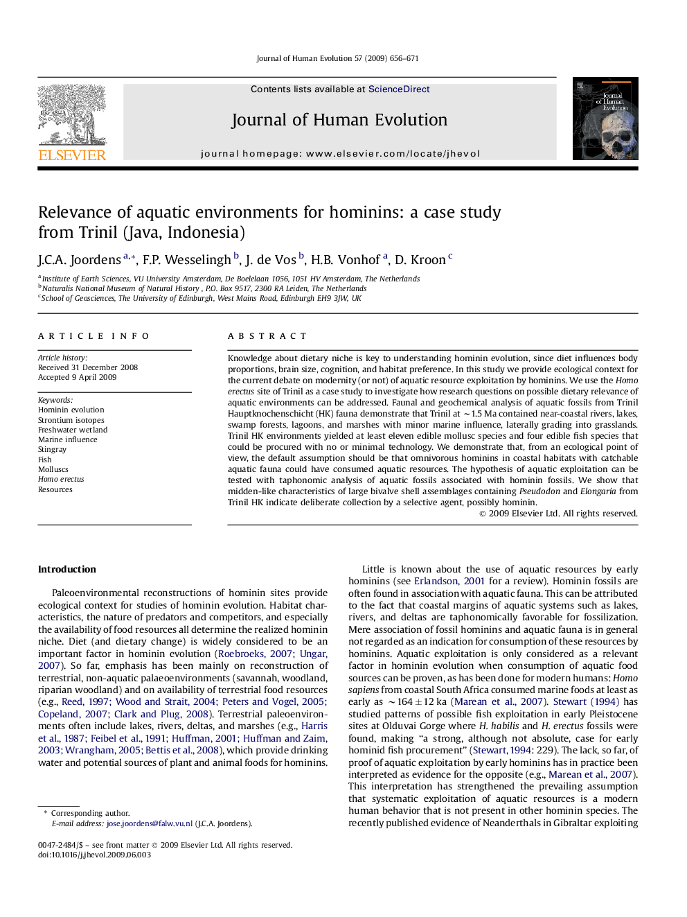 Relevance of aquatic environments for hominins: a case study from Trinil (Java, Indonesia)