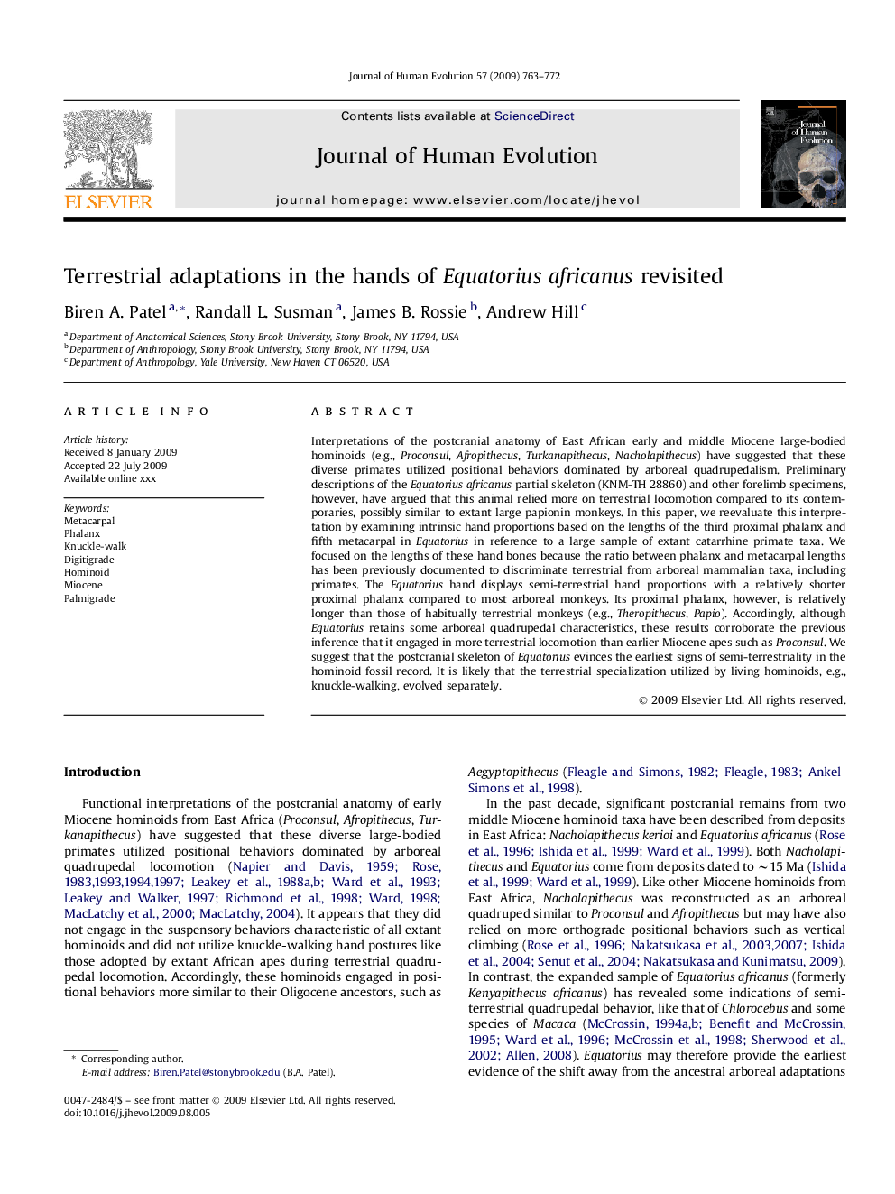 Terrestrial adaptations in the hands of Equatorius africanus revisited