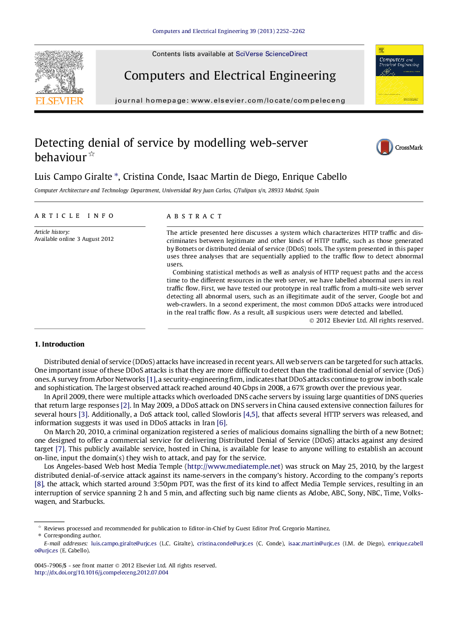 Detecting denial of service by modelling web-server behaviour 