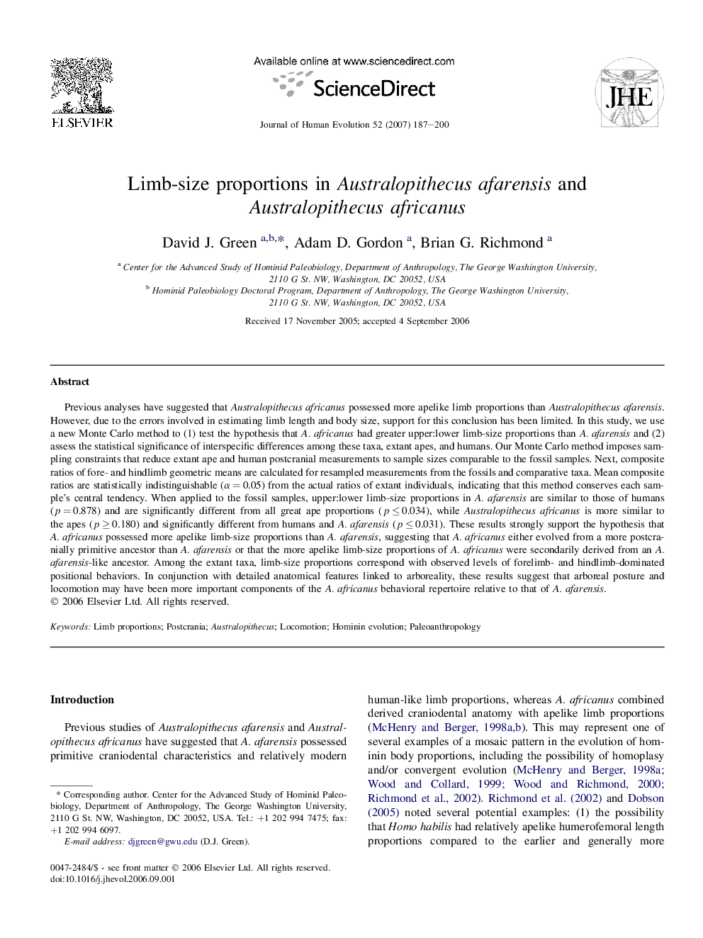 Limb-size proportions in Australopithecus afarensis and Australopithecus africanus